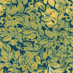 abstract floral ornament of yellow color drawing on a dark blue background