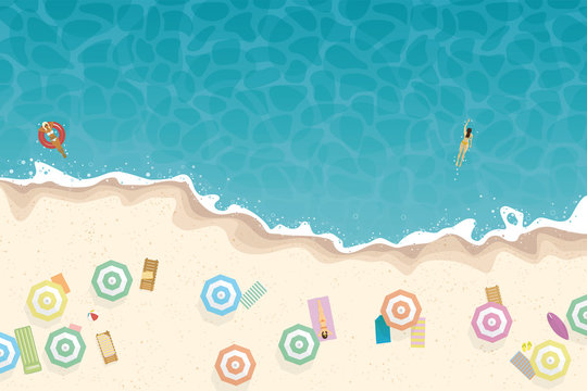 summer beach and ocean scene top view detailed flat vector illustration