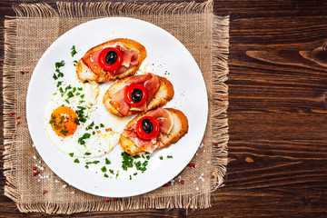 Breakfast - fried egg and sandwiches