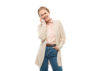 smiling middle aged woman talking on smartphone Isolated On White