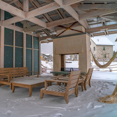 Square Snow covered patio of a clubhouse in Daybreak Utah