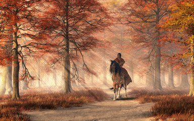A Native American woman wearing a brown dress rides a pinto coated mustang through a forest alive with the colors of autumn. Sunlight shines down to illumiate the path, rider, and horse. 3D Rendering