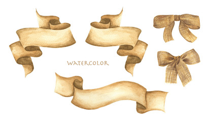 Watercolor ribbons and burlap bow set. Hand drawn stripes or banners for text. Watercolor design elements isolated objects.