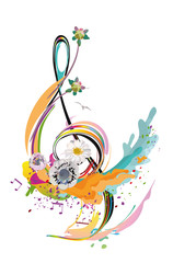 Abstract musical design with a treble clef and colorful splashes and waves. Hand drawn vector illustration.