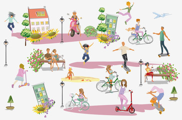 Set of people having rest in the park.  Leisure outdoor activities:  skateboard, roller-skates, riding a scooter and bicycle. Colorful vector illustration.