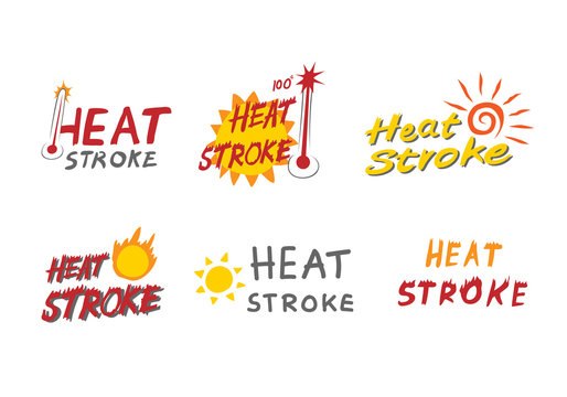 Set Of Heatstroke LOGO Concept, Sun Stroke, Hot Summer, Bomb Thermometer Vector In Flat Design