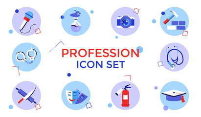 Professions and occupations icon set. Signs representing free and equal career choice in police, fire-fighting service, medicine, cooking, acting, singing, building, science, photography and chemistry