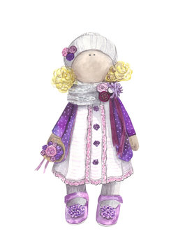 Violet tilda style doll, watercolor drawn