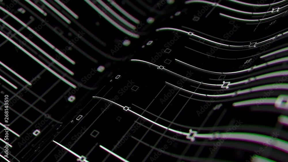 Poster 3d render digital abstract background with technology lines and square elements above dark reflectiv