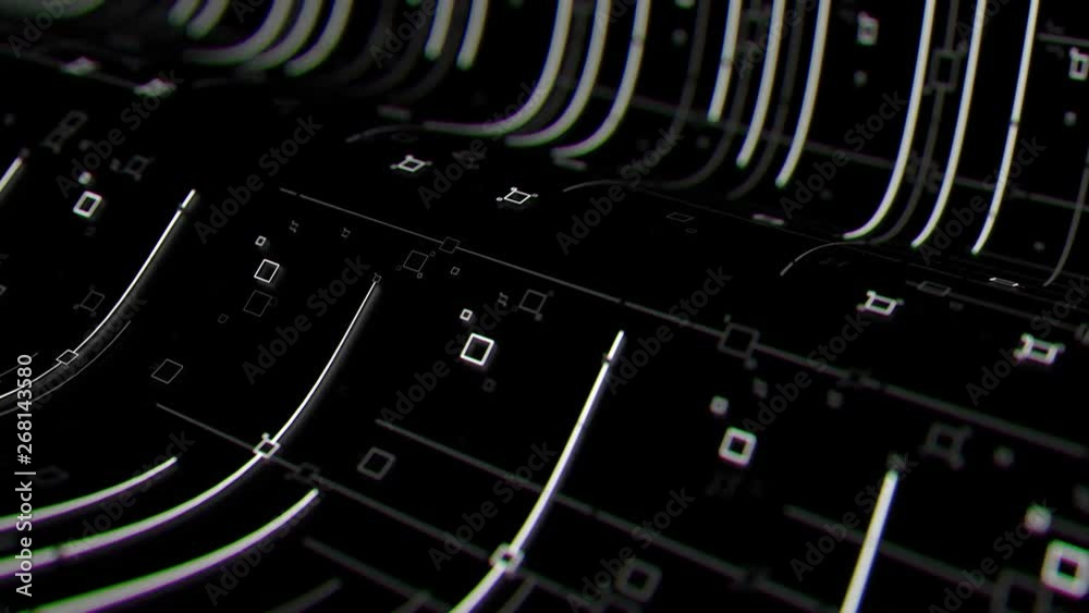 Poster 3d render digital abstract background with technology lines and square elements above dark reflectiv
