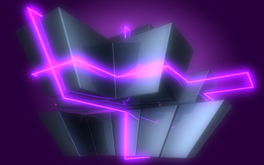 3D abstract cubes background with neon lights . 3d illustration