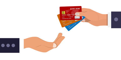 A businessman hand is giving or offering bank or credit cards to another hand. Flat color vector illustration.
