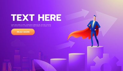 Super businessman or manager standing on the top of the graph. Superman high in the sky among the clouds. Vector, illustration EPS10