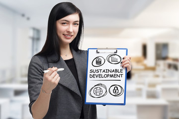 Business, technology, internet and networking concept. Young entrepreneur showing keyword:...