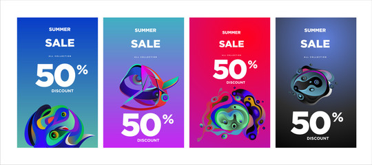 Vector summer sale 50% discount with fluid colorful background. Summer banner, website, poster, and sales promotion background set.