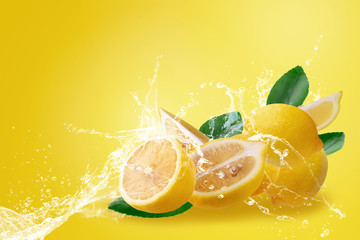 Water splashing on Fresh Sliced Ripe yellow lemon fruit isolated on yellow background