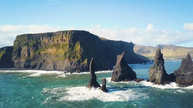 Drone footage of Reynisdrangar, Iceland - Basalt sea stacks off the Scandinavian coast