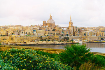 Fototapeta premium Valletta morning skyline with Basilica of Our Lady of Mount Carmel as seen from Sliema, Malta. Green plants landscape design garden foreground. Horizontal summer background or wallpaper.