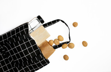 Cotton eco bag. Environmental Conservation Recycling Concept. Mockup for design. Black cotton bag...