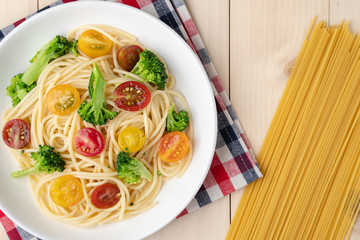 Vegetables spaghetti with tomato and broccoli, healthy vegetarian meals concept