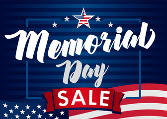 Memorial Day sale banner. Remember and honor. Vector illustration Hand drawn text lettering with stars for discount of memorial day in USA. Calligraphic design for sale banner or poster