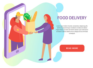 Deliveryman gives the order to customer on the abstract background. Courier delivers fresh food and vegetables. Online food delivery service banner concept with the place for your text. 