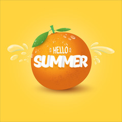 Vector Hello Summer label or flyer Design template with fresh orange fruit isolated on orange background. Hello summer concept label or poster with fruit and letternig text