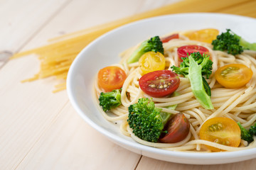 Vegetables spaghetti with tomato and broccoli, healthy vegetarian meals concept