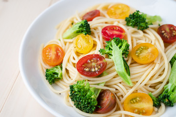 Vegetables spaghetti with tomato and broccoli, healthy vegetarian meals concept