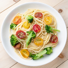 Vegetables spaghetti with tomato and broccoli, healthy vegetarian meals concept