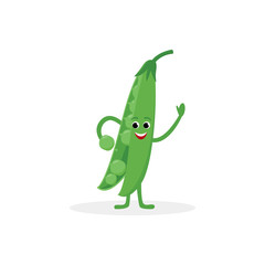 Pea pod cartoon character isolated on white background. Healthy food funny mascot vector illustration in flat design.