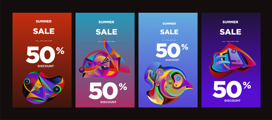 Vector summer sale 50% discount with fluid colorful background. Summer banner, website, poster, and sales promotion background set.