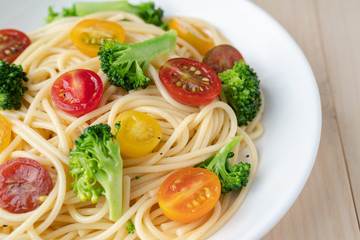 Vegetables spaghetti with tomato and broccoli, healthy vegetarian meals concept