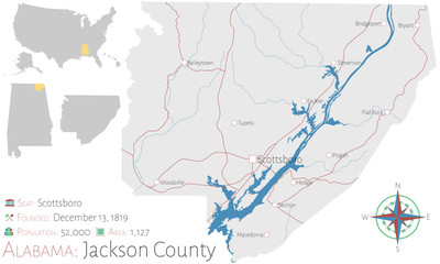 Large and detailed map of Jackson county in Alabama, USA