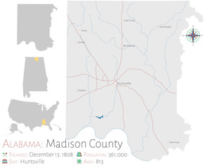 Large and detailed map of Madison county in Alabama, USA