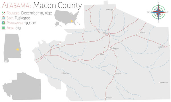 Large and detailed map of Macon county in Alabama, USA
