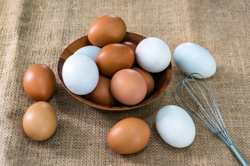 Fresh eggs and duck eggs in a bowl on a sackcloth