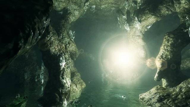 3d animation. Magic light flying through the cave with lot of crystals.