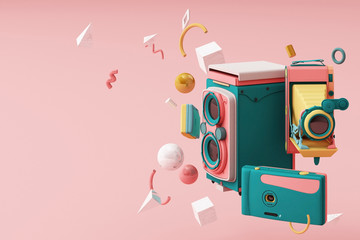 Colorful vintage camera surrounding by memphis pattern on a pink background.-3d render.