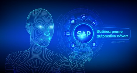 SAP Business process automation software. ERP enterprise resources planning system concept on virtual screen. Wireframed cyborg hand touching digital interface. AI. Vector illustration.
