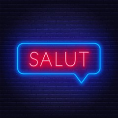 Neon sign of word salut in speech bubble frame on dark background. Greetings in French. Light banner on the wall background.