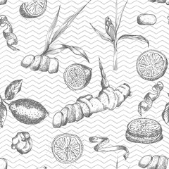 Seamless pattern hand drawn of Ginger roots, lemon, lives and flowers in black color white background. Retro vintage graphic design Botanical sketch drawing, engraving style.