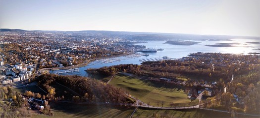 Panorama aerial view towards Oslo center and Oslofjord in Norway