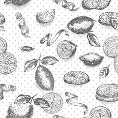 Seamless pattern hand drawn of Ginger roots, lemon, lives and flowers in black color white background. Retro vintage graphic design Botanical sketch drawing, engraving style.