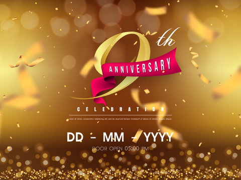 9 years anniversary logo template on gold background. 9th celebrating golden numbers with red ribbon vector and confetti isolated design elements