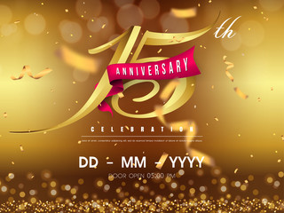 15 years anniversary logo template on gold background. 15th celebrating golden numbers with red ribbon vector and confetti isolated design elements