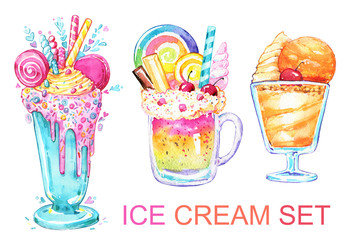 Cocktail ice cream sweet beautiful holiday watercolor isolated set