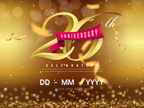 26 years anniversary logo template on gold background. 26th celebrating golden numbers with red ribbon vector and confetti isolated design elements