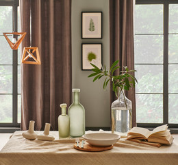 Decorative living room, table and modern home detail.