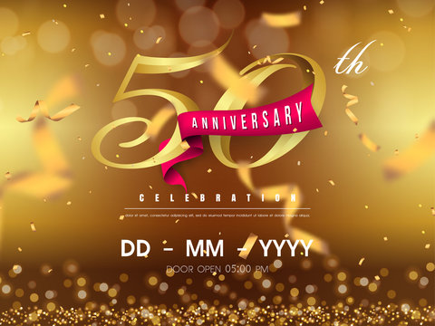 50 years anniversary logo template on gold background. 50th celebrating  golden numbers with red ribbon vector and confetti isolated design elements  Stock Vector | Adobe Stock